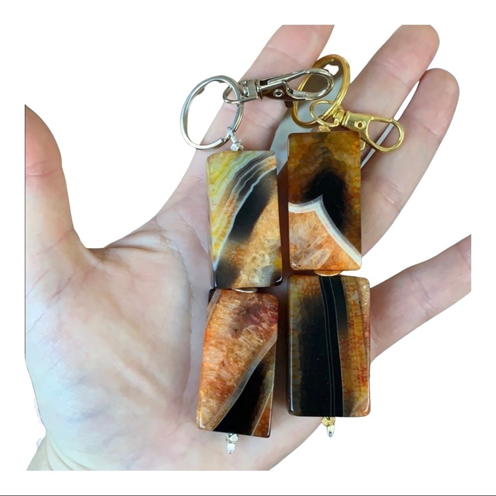 Orange and black agate stone keychain